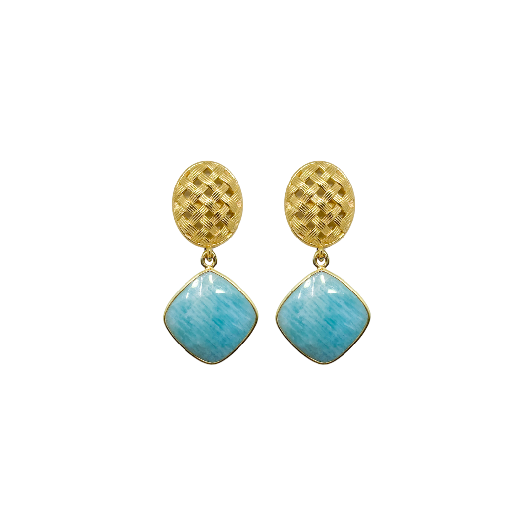 gold woven earring post with aventurine gemstone drop_m donohue collection