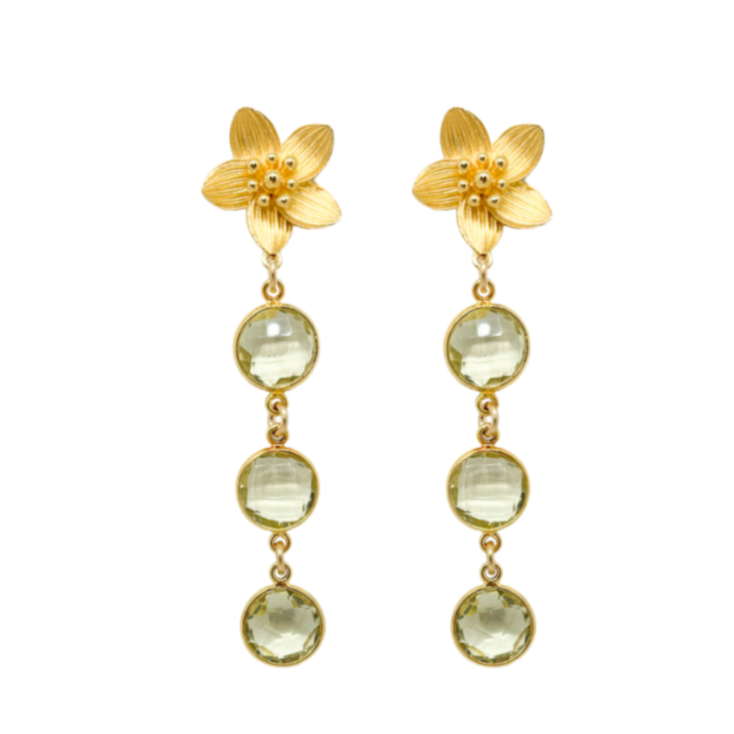 flower gold post earrings with semi-precious lemon quartz drops_m donohue collection