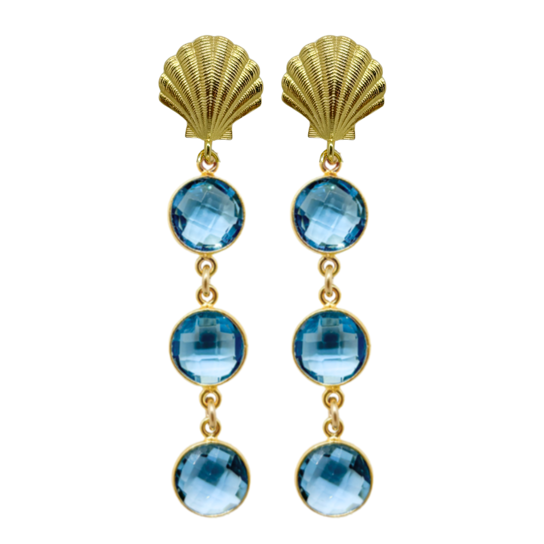 Stunning gold plated shell post with a triple blue quartz gemstone drop_m donohue collection