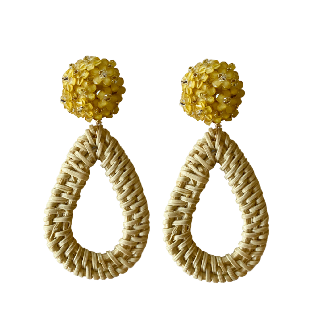 Yellow floral cluster clip-on post with rattan teardrop_m donohue collection