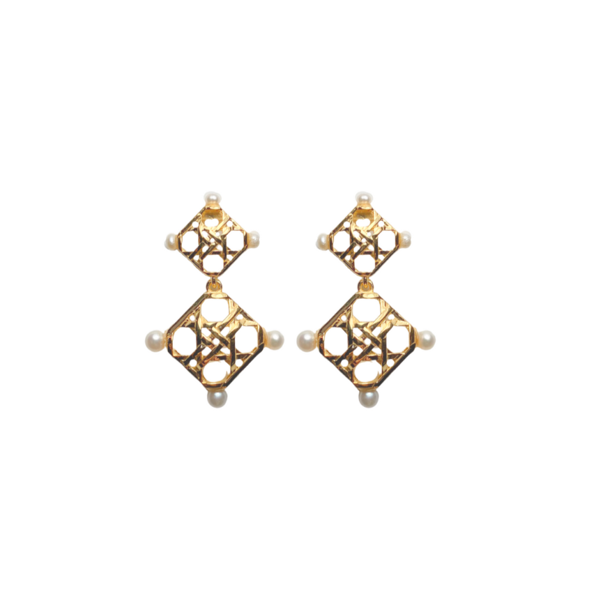 Woven gold stud and drop accented with dainty pearls_m donohue collection