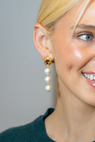 Model wearing Smoky Quartz Gemstone Triple Cotton Pearl Earrings_M Donohue Collection