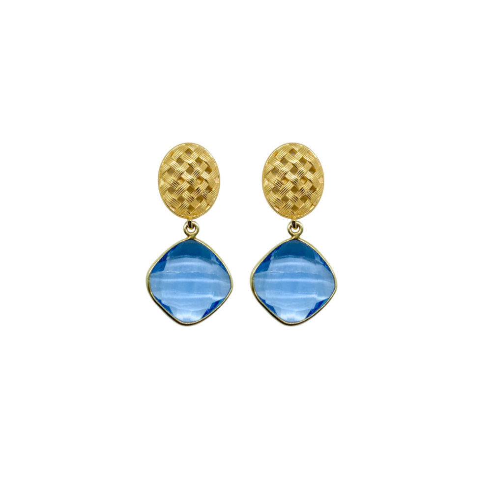 woven gold earring post with blue quartz gemstones_m donohue collection