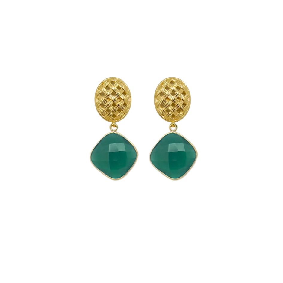 gold basketweave o=post earrings with emerald gemstone drop_m donohue collection