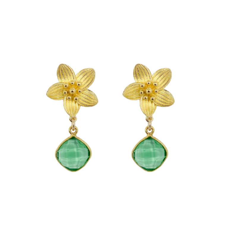 Intricate floral posts with a rich green quartz drop_m donohue collection