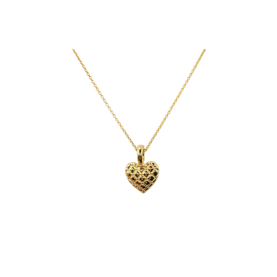 Gold heart-shaped pendant necklace on a white background