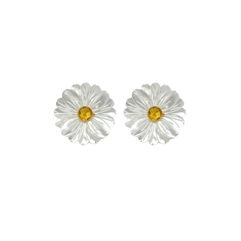 white mother of pearl flowers post earrings with orange citrine gemstone center gemstone_m donohue collection