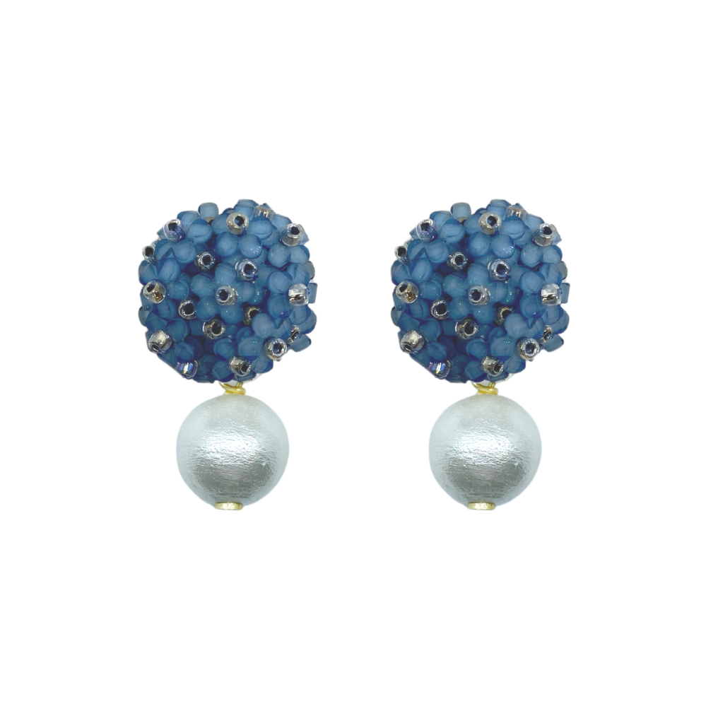 Blue floral cluster clip-on post with lightweight cotton pearl drop_m donohue collection