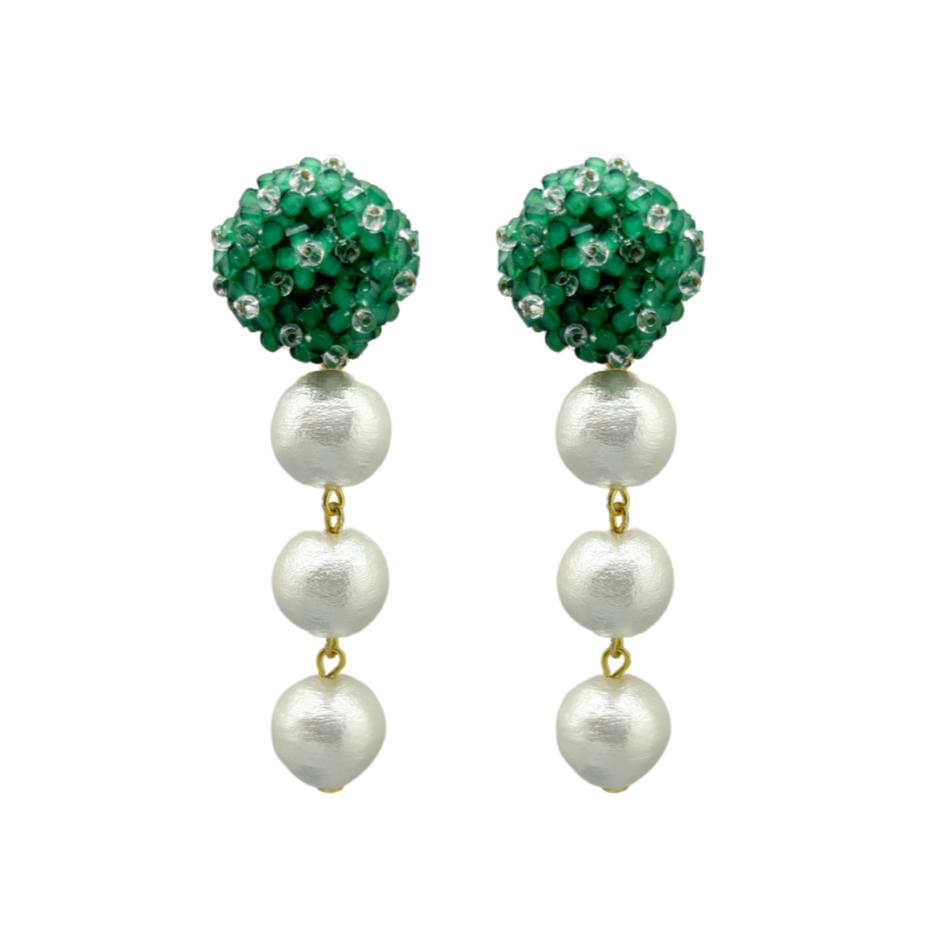 emerald green flower clip-on post with triple white cotton pearl drops_m donohue collection