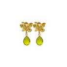 gold magnolia flower earring post with green peridot gemstone drop_ m donohue collection