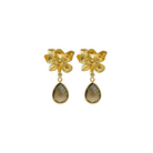 gold magnolia flower earring post with smoky quartz gemstone drop_ m donohue collection