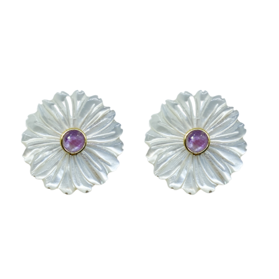 Beautiful white mother of pearl flower clip-on post with lavender amethyst gemstone center_m donohue collection