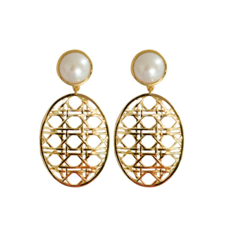 freshwater pearl earring post with gold wicker design oval drop_m donohue collection