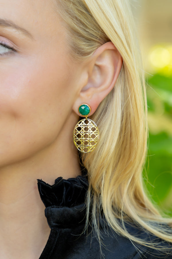 Model wearing Remy Emerald Wicker Drop Earrings_M Donohue Collection