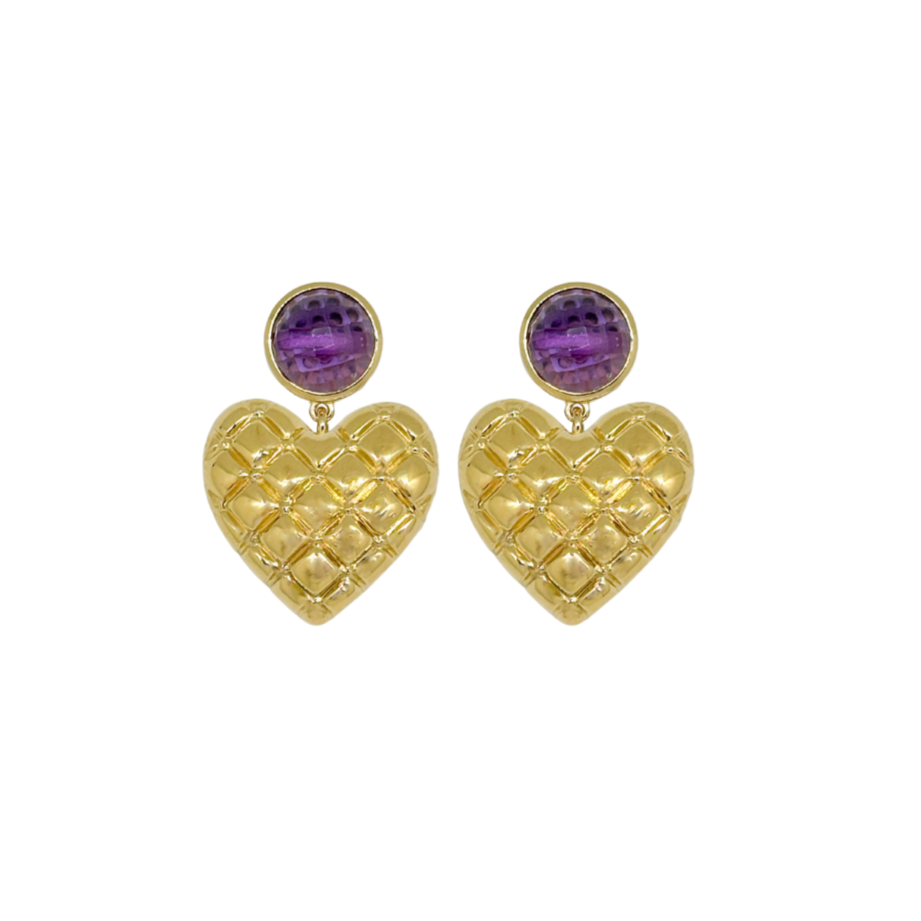 amethyst gemstone post and gold quilted heart_m donohue collection