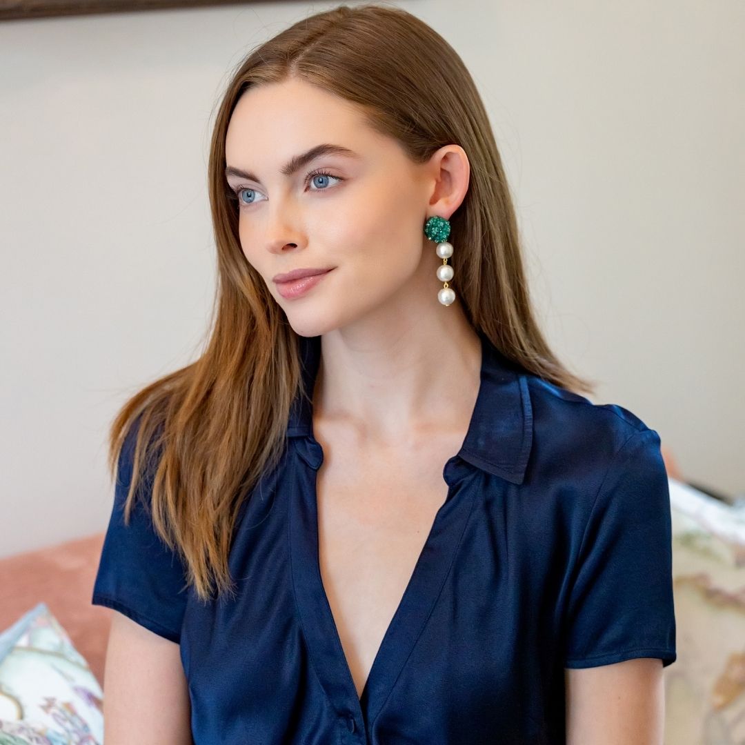 Model wears Liz Cotton Pearl Triple Green Earrings_m donohue collection