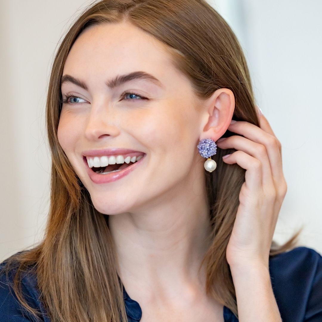 Model wears Liz Cotton Pearl Purple Earrings_m donohue collection