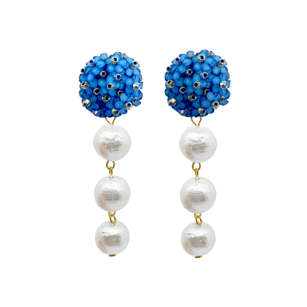 blue flower cluster clip-on post with lightweight triple cotton pearl drop_m donohue collection