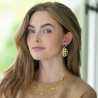 Model wears Remy Wicker Gold Oval & Amethyst Gem Earrings_m donohue collection