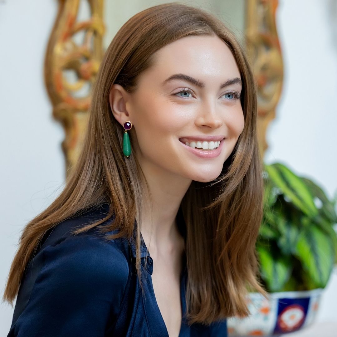 Model wears Triomphe Amethyst & Aventurine Earrings_m donohue collection