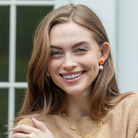 Model wears Triomphe Carnelian & Single Cotton Pearl Earrings_m donohue collection