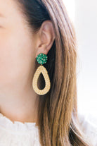 Model wears the Ava Green Rattan earring_m donohue collection