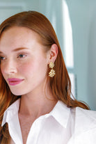 Model is wearing Jardin Hydrangea Pearl Double Earrings_m donohue collection