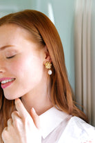 Model is wearing Jardin Hydrangea Pearl Single Earrings_m donohue collection