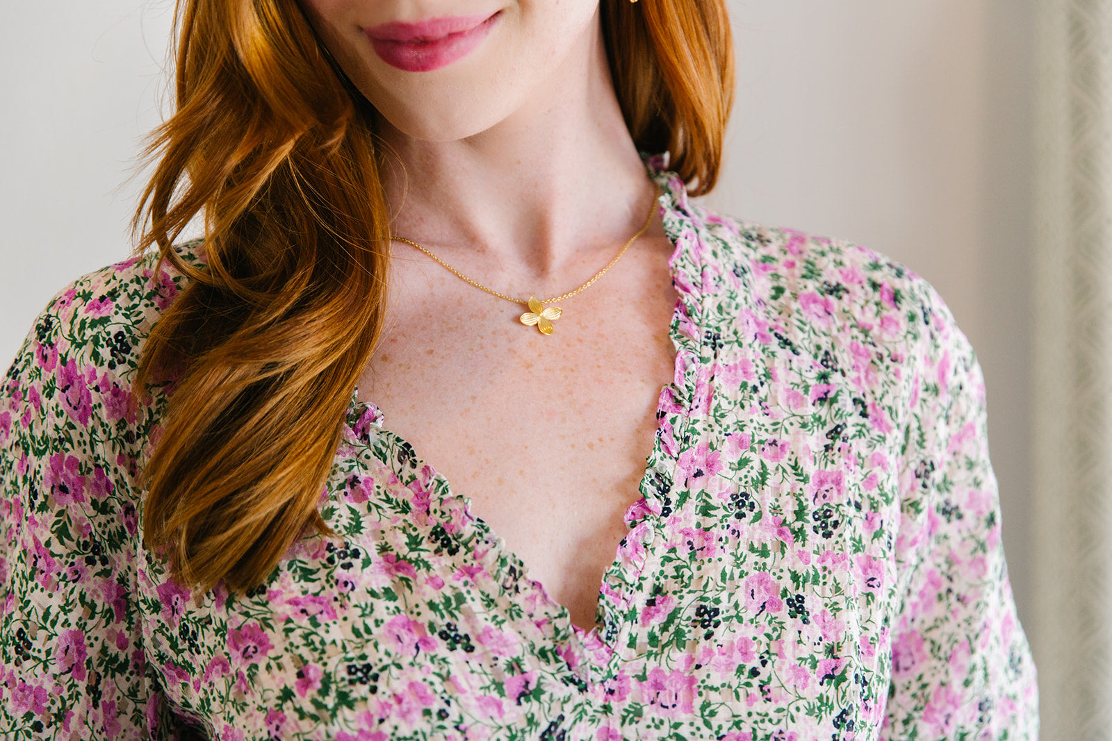 Model wears Bloom Single Flower necklace_m donohue collection