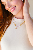 Model wears the Annabelle Gold & Morganite Gemstone necklace_m donohue collection