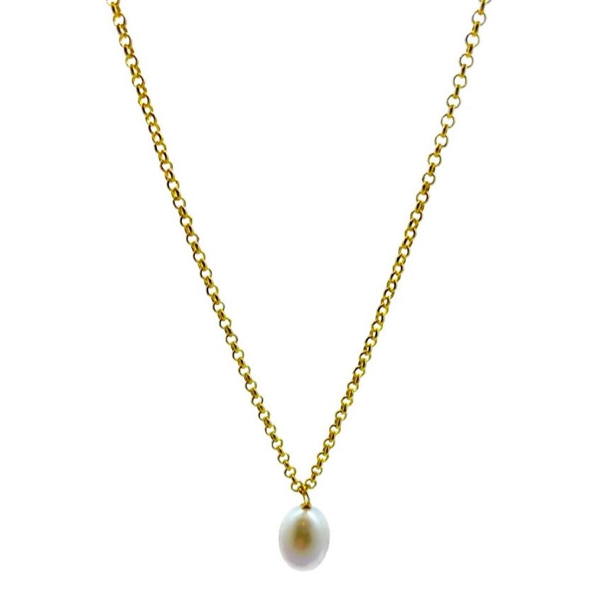 Simple white freshwater pearl drop on 18k gold plated chain_m donohue collection